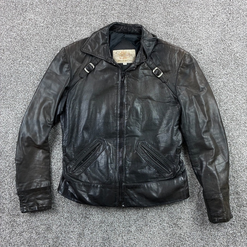 Vintage Saxony Leather Jacket Mens 40 Black Cafe Racer Moto Biker Korea